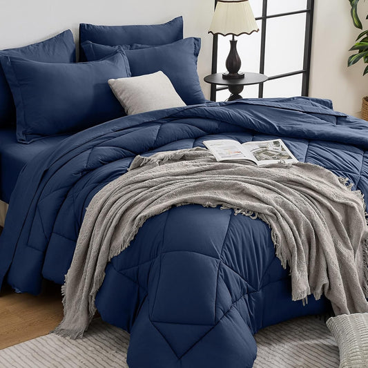 HEVUMYI Navy Blue Queen Comforter Set - 7-Piece All Season Bed in a Bag Queen, Ultra Soft Bedding Set with Comforter, Flat Sheet, Fitted Sheet, Pillowcases, Pillow Shams, Navy Blue