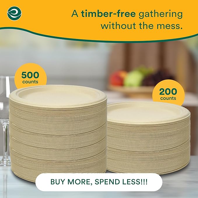 ECO SOUL 100% Compostable Paper Plates 10 Inch [500-Pack] Biodegradable Heavy Duty Eco-Friendly Disposable Plates for Christmas Dinner, Parties, Wedding & Event