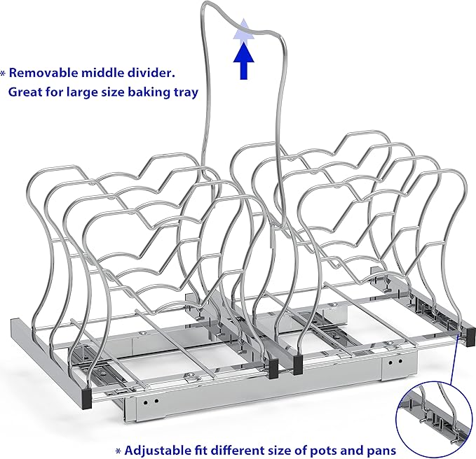 SIMPLE HOUSEWARE Organizer Pull Out Under Cabinet Sliding Shelf for Kitchen,Bathroom, Pantry Pan and Pot Lid, Silver