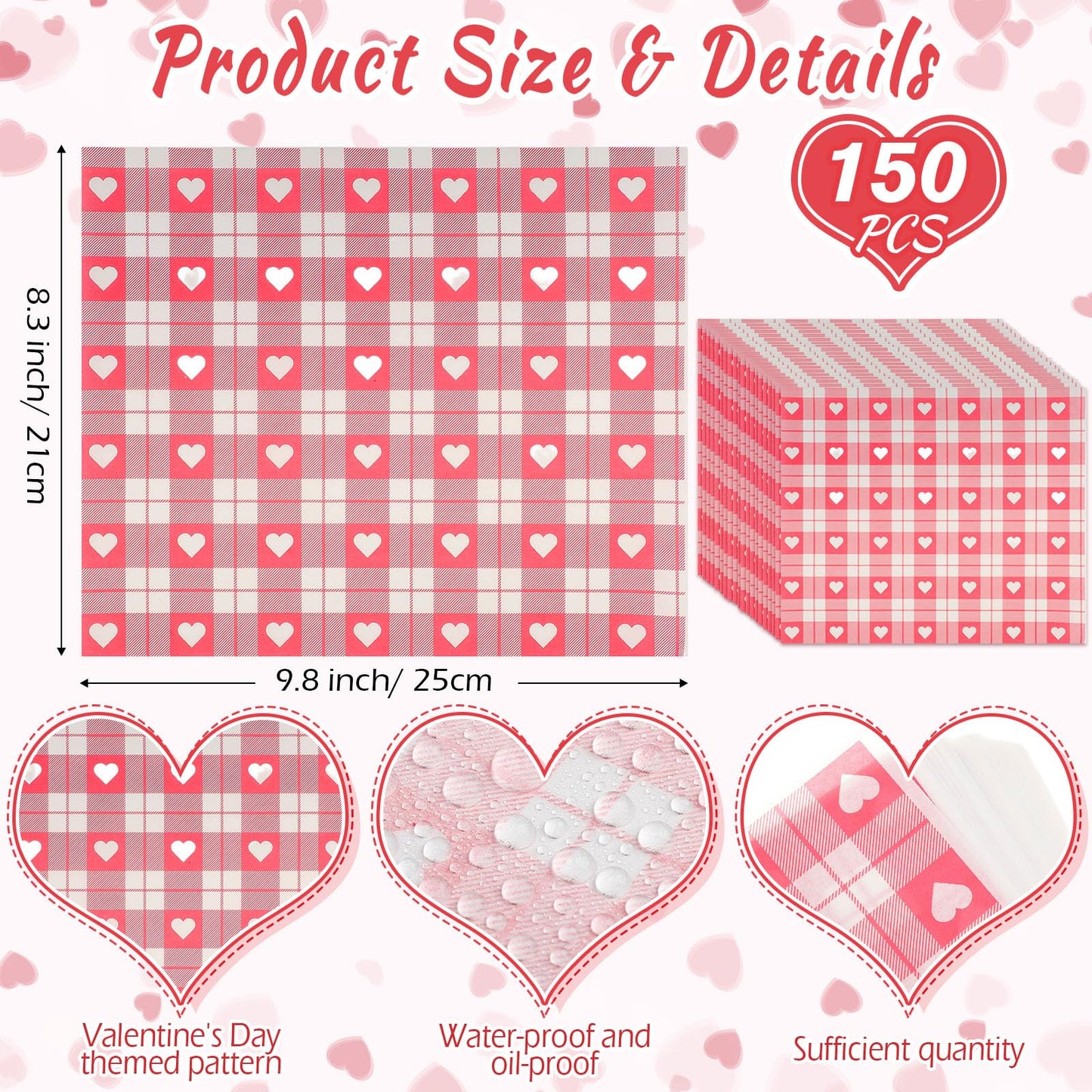 Honeydak 150 Pieces Valentines Wax Paper Sheets Heart Decorative Parchment Sheets Food Basket Liner Greaseproof Paper Liners for Baking Valentines Day Party Favors(Pink Plaid Heart)