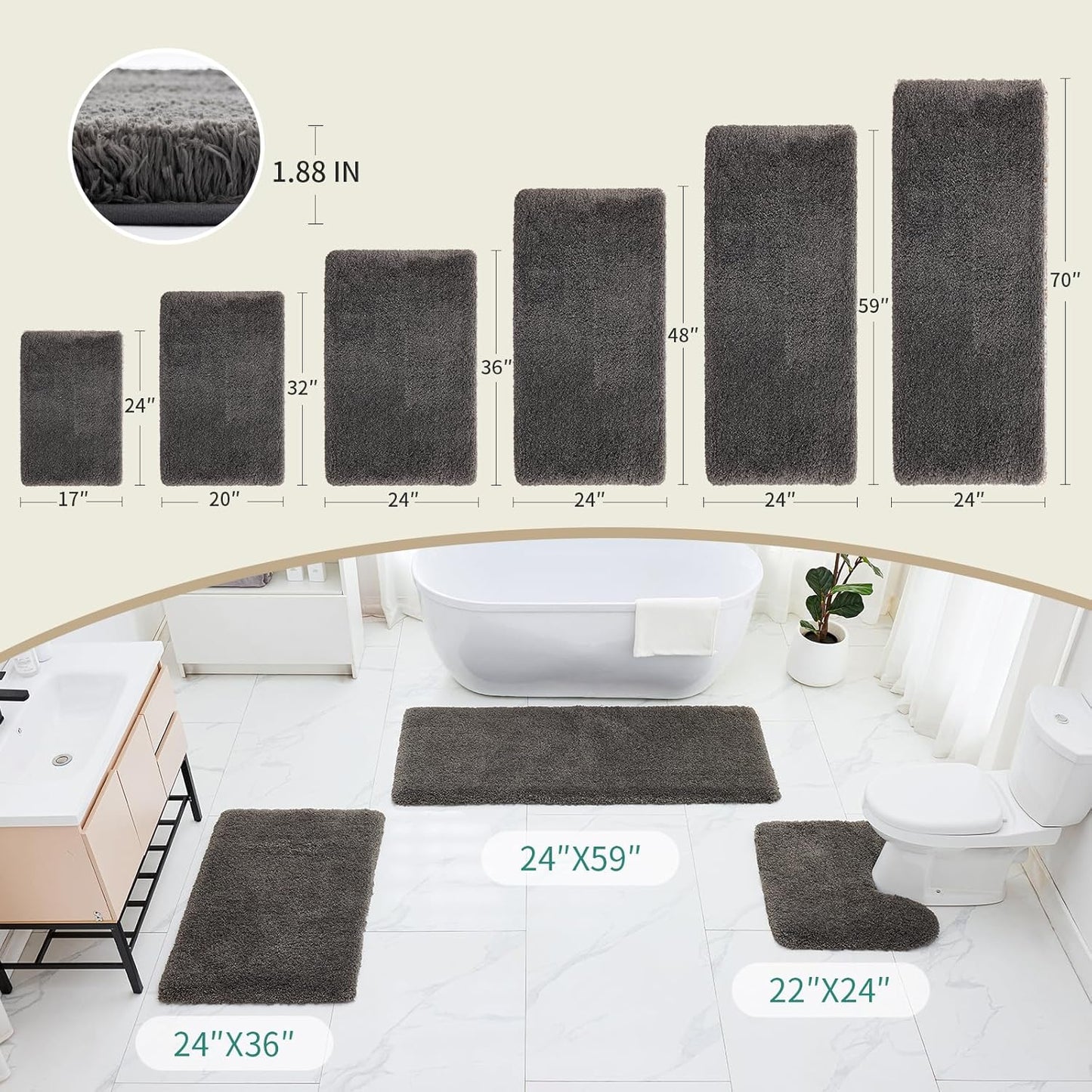 Dark Grey Bathroom Rug 20x32 Non Slip Fluffy Bath Mat for Bathroom Floor Washable Plush Luxury Bath Rug for Tub Soft Shaggy Absorbent Shower Sink Mat