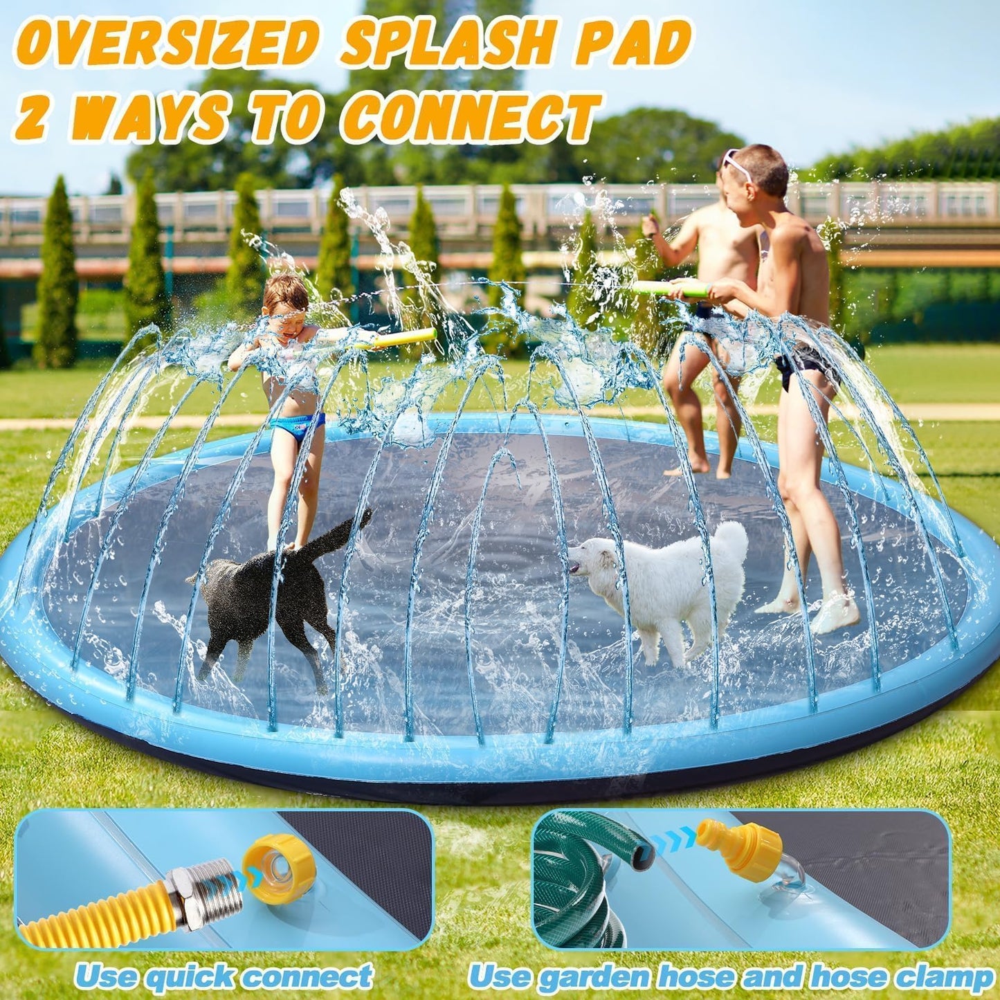 15 ft Giant Inflatable Splash Pad Extra Large 180" 2025 Update Non Slip Pad for Adults Large Dogs Pets Giant Thicken Sprinkler Pool Summer Outdoor Fun Backyard Fountain Play Mat (Classic Style)