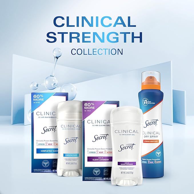 Secret Clinical Strength Antiperspirant Deodorant for Women, 3X Stress Protection, 72hr Sweat & Odor Protection, PH Balancing Minerals, Soft Solid, Light & Fresh Scent, 2.6 oz (Pack of 2)
