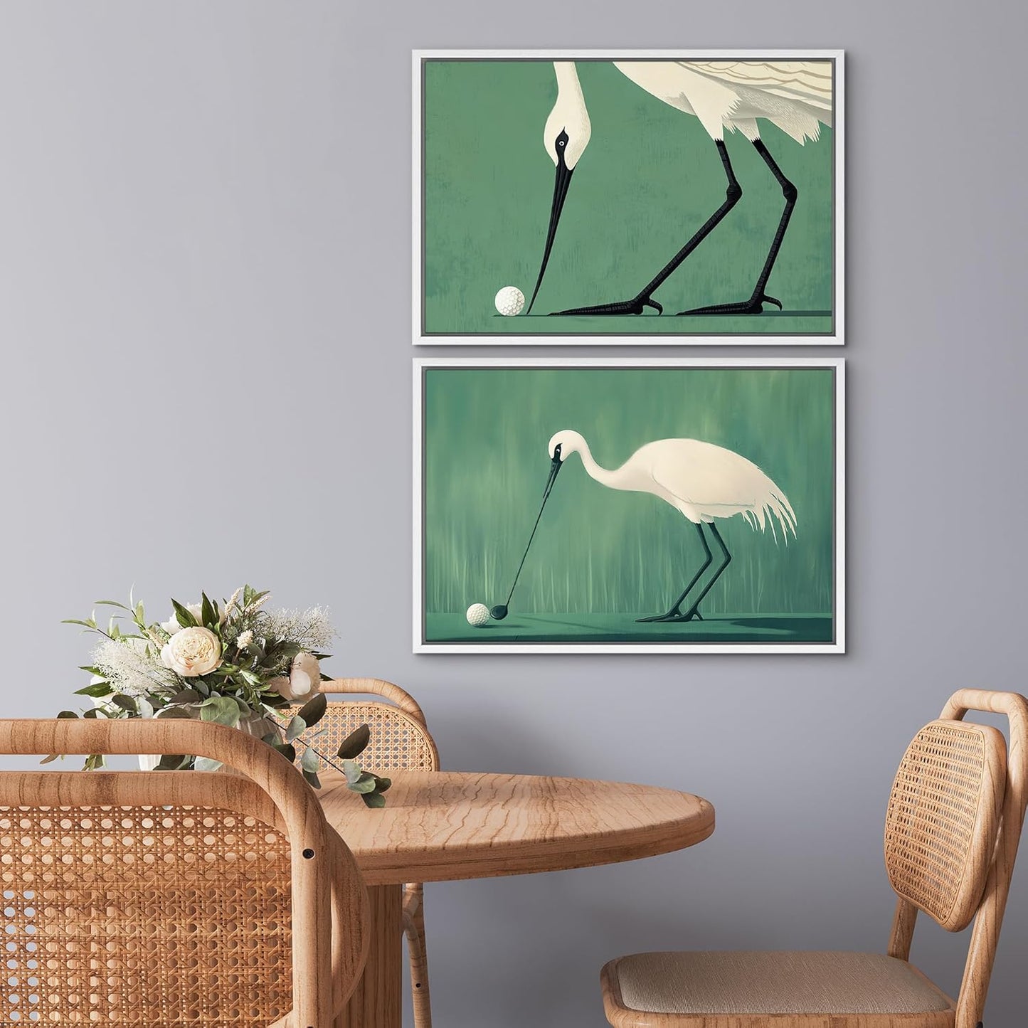 SIGNWIN Framed Canvas Print Wall Art Set Funny Crane Playing Golf Whimsical Bird Illustrations Modern Art Rustic Minimal for Living Room, Bedroom, Office - 16"x24"x2 White