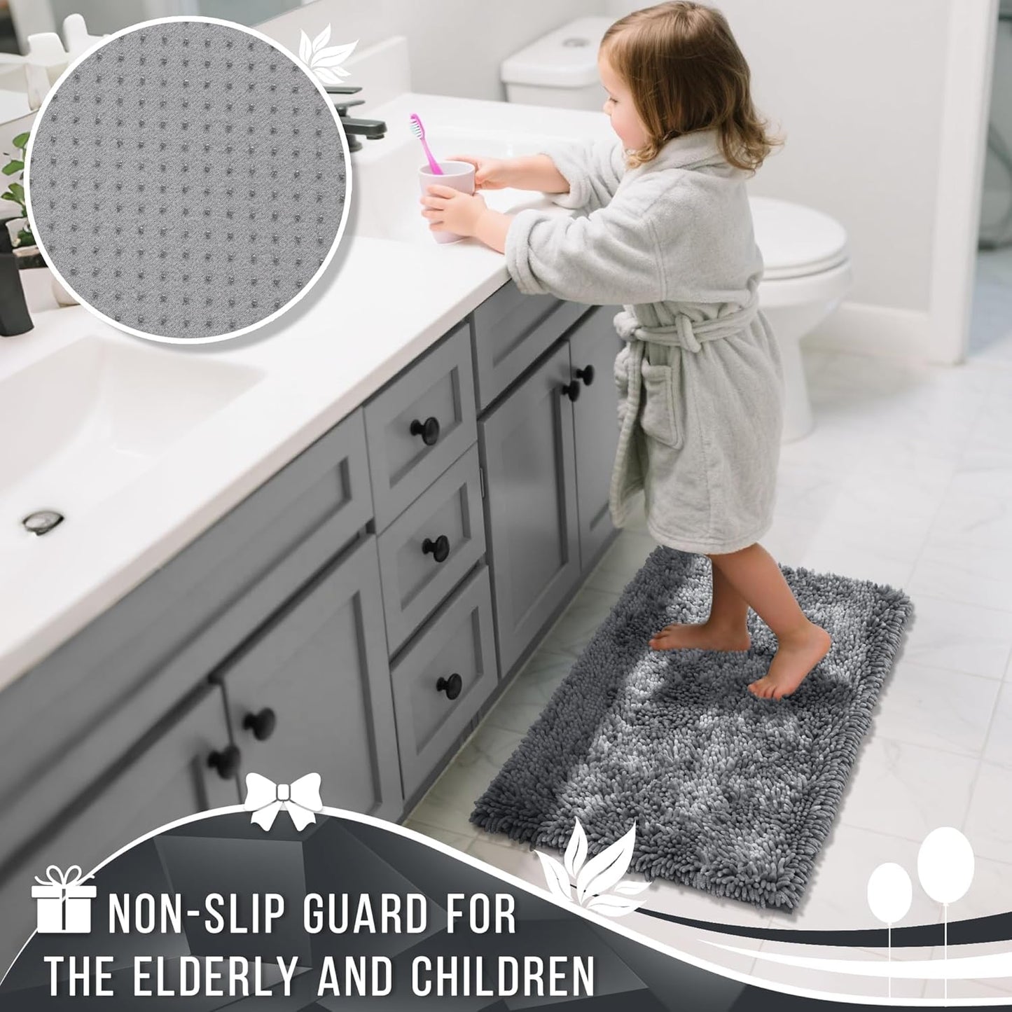 Yimobra Chenille Bathroom Rugs Non Slip, Extra Thick Soft Absorbent Bath Rug, Machine Washable Quick Dry Bath Mat for Bathroom Floor, Tub and Shower, Home Decor Accessories, 24x17, Silver