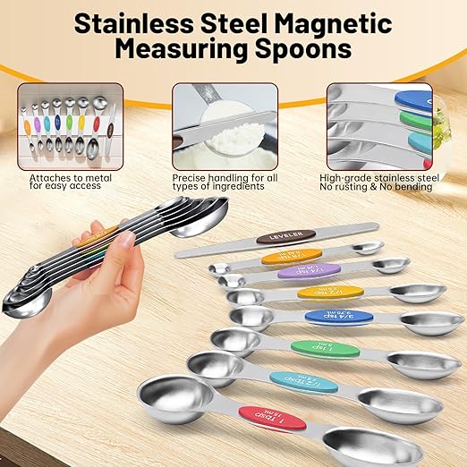 Measuring Cups 17-Piece Measuring Set with Cups and Spoons, Stainless Steel, Includes Magnetic Conversion Chart and Leveler