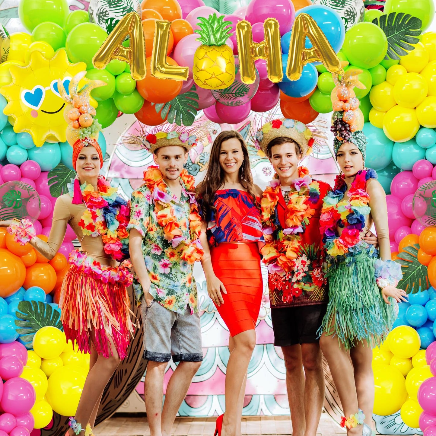Amandir 160Pcs Hawaiian Tropical Beach Luau Balloon Garland Arch Kit Party Decorations with Aloha Green Palm Tree Pineapple Foil Balloon for Summer Birthday Party Decorations