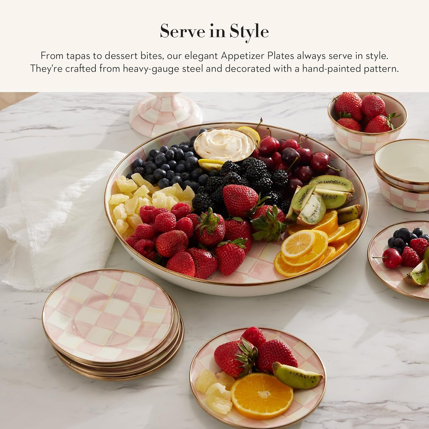 MACKENZIE-CHILDS Set of 4 Enamel Appetizer Plates, Mini Dessert Plates, 5 Inches, Pink-and-White Rosy Check