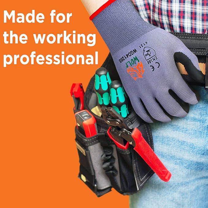 WOLF Ultra-Thin Nitrile Foam Palm Coated Glove with Tacky Dot Grip, Multi Purpose