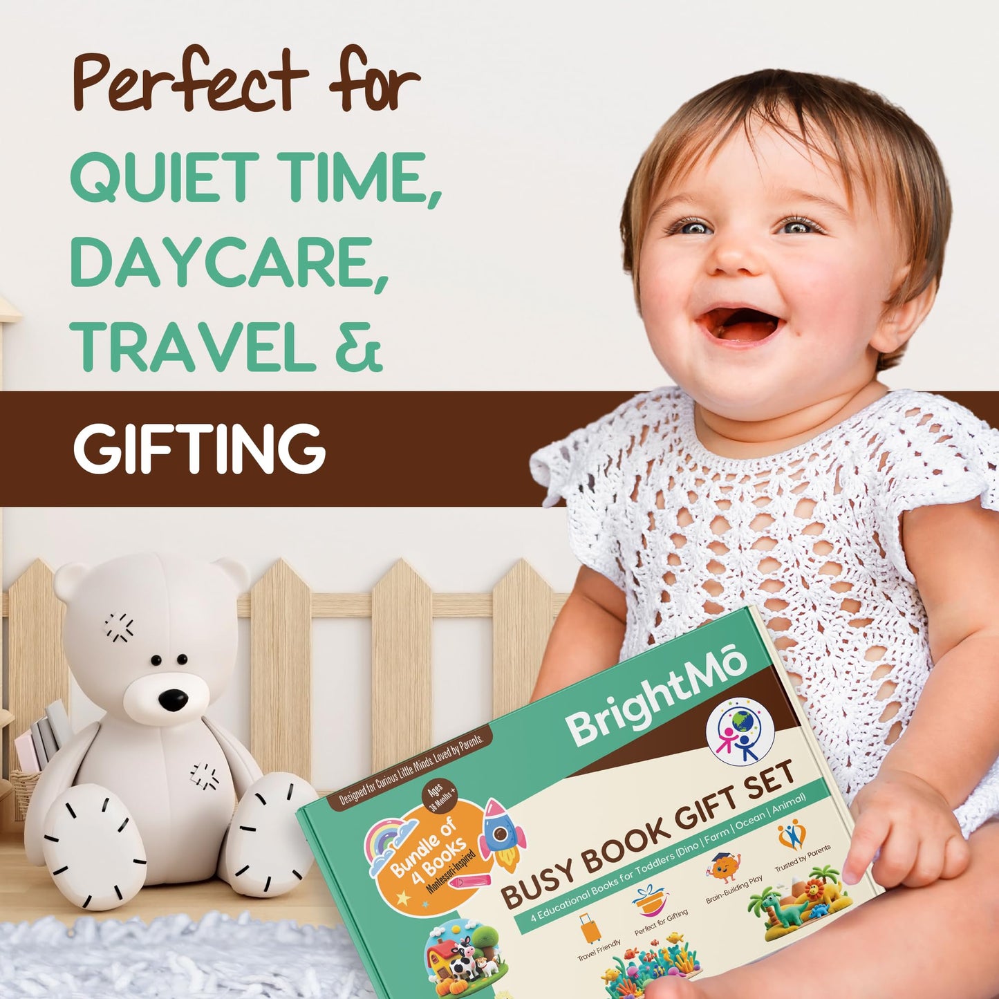 BrightMō Montessori Busy Book Set (4-in-1) – Preschool Learning Activities for Ages 3+, Fine Motor Skills, Travel Activity Kit, Dinosaur Farm Ocean Animal Themes