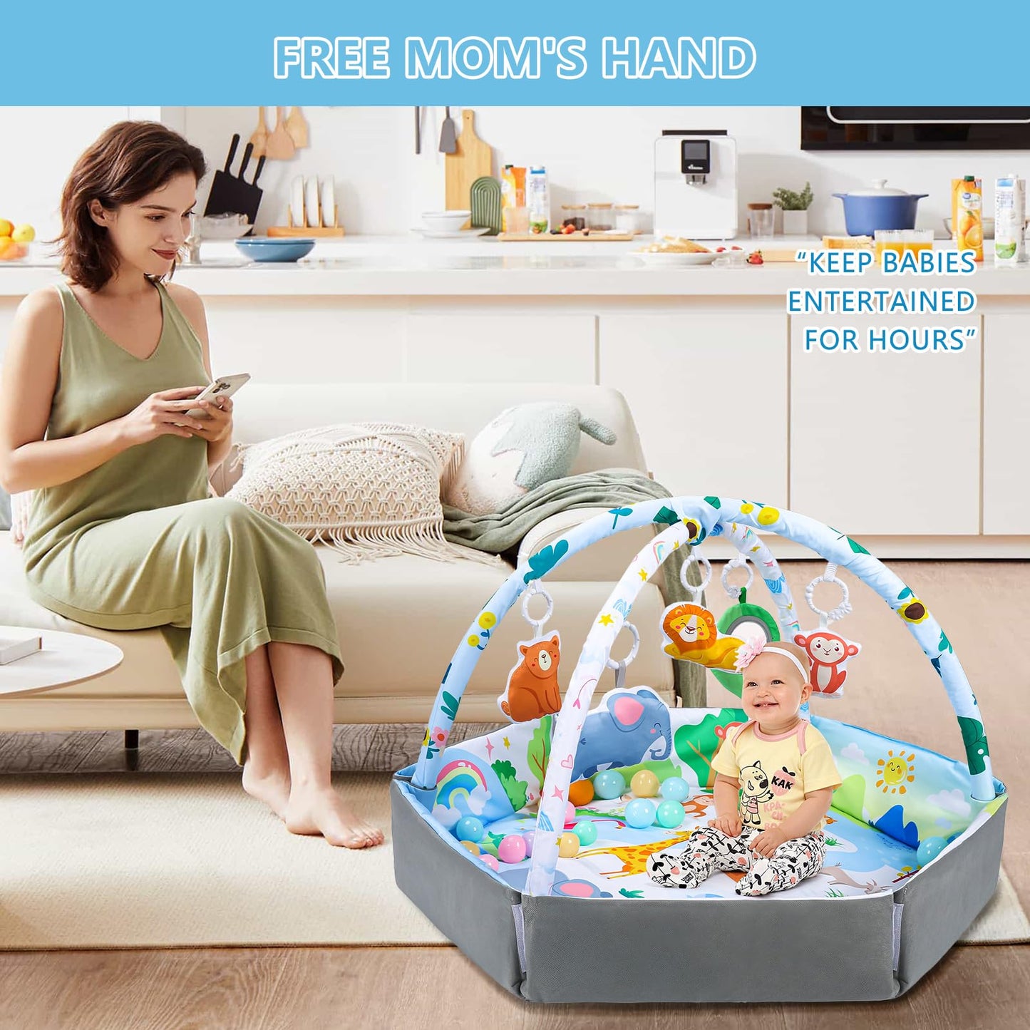 ZFDEBY Baby Gym Play Mat, 8-in-1 Tummy Time Mat & Activity Gym Mat Ball Pit with Detachable Toys, Washable Infant Play Mat for Visual, Hearing, Sensory, Motor Development, Newborn Baby Toys Gift for Toddler 0-3-6-9-12 Months Easy to Install