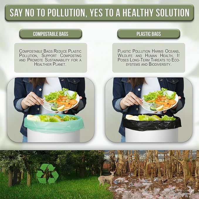 Super Durable Biodegradable Compostable Trash Bags 2.6 Gallons / 9.84 Liter, Green Biodegradable Trash Bags 100 Pcs, Small Kitchen Compost Bags for Countertop Bin, BPI & OK Compost Certified