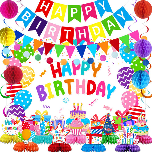 Colorful Happy Birthday Party Decoration Set – Rainbow Banner, Hanging Swirls, Honeycomb Balls, Backdrop & Table Centerpieces for Fun Birthday Celebrations