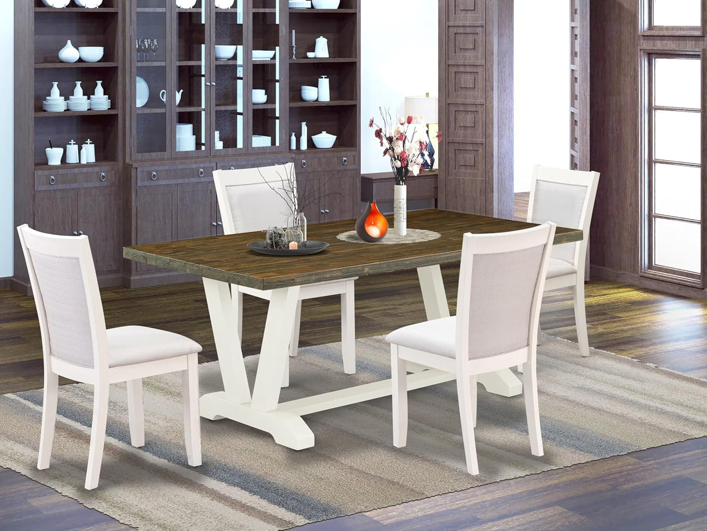 East West Furniture V077MZ001-5 5 Piece Kitchen Table Set for 4 Includes a Rectangle Dining Room Table with V-Legs and 4 Cream Linen Fabric Parsons Dining Chairs, 40x72 Inch, Multi-Color