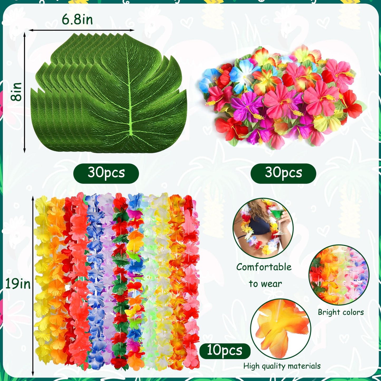 70 Pcs Hawaiian Luau Leis Decorations Supplies, Tropical Palm Leaves Hibiscus Flowers Simulation Artificial Leaf for Birthday Baby Shower Summer Beach Pool Party Decorations Favors Supplies