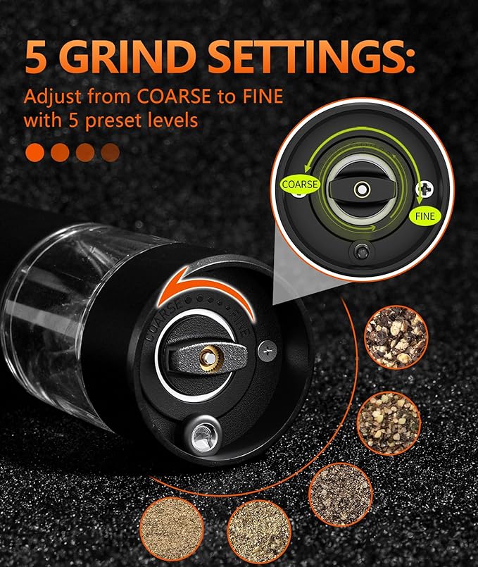 Electric Salt and Pepper Grinder Set - Rechargeable Battery Operated, Adjustable Coarseness, LED Light, Stainless Steel & Glass Body - Spice Mill for Kitchen, Dining Table