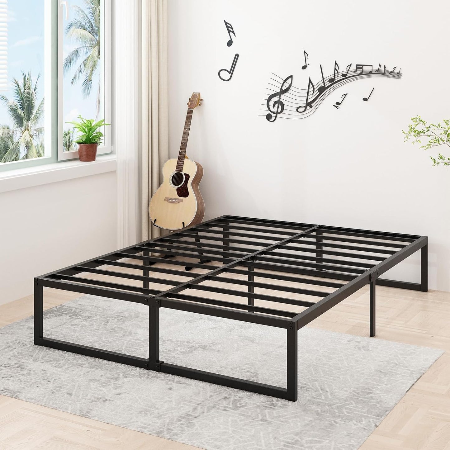 16 Inch Bed Frame Queen Size Heavy Duty Steel Slat Support Metal Platform Queen Bed Frame No Box Spring Needed, Easy Assembly, Black