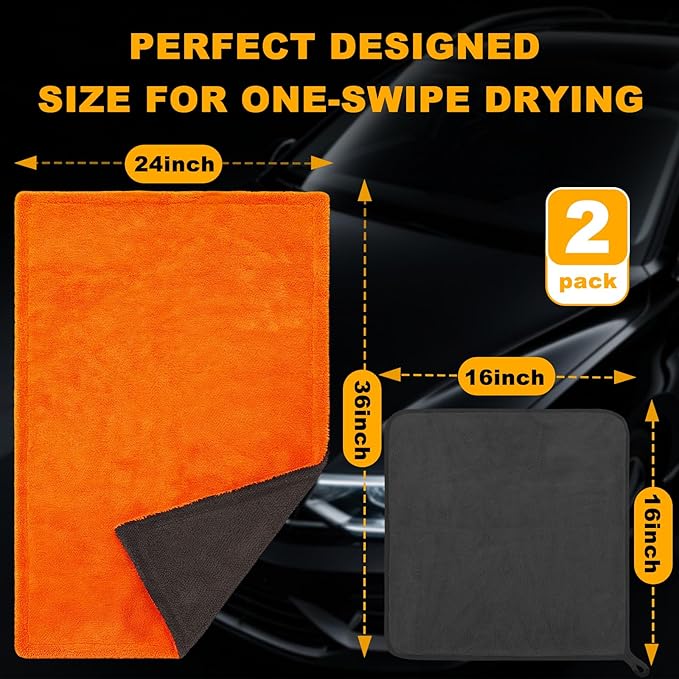 2 Pack Dual-Size Car Drying Towel, Microfiber Towels for Cars, Dual Sided Quick Dry Towel, Drying Towels Car Detailing for Cars, Trucks, SUV [Orange/Gray] (36”x24”Orange/Gray)