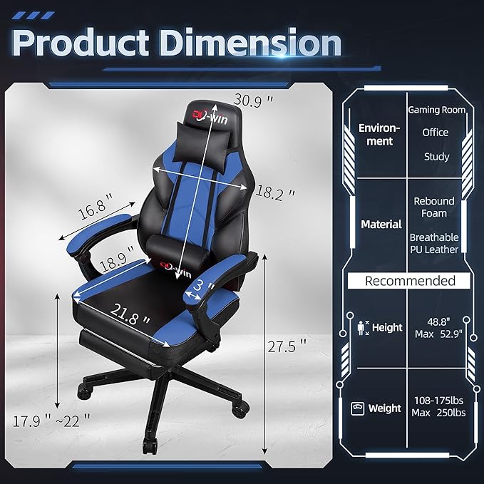 Gaming Chairs for Adults, Computer Chair with Footrest and Ergonomic High Back, Big and Tall Gamer Chairs with Massage Lumbar Support, 360° Swivel Height Adjustable Gaming Chair, Blue