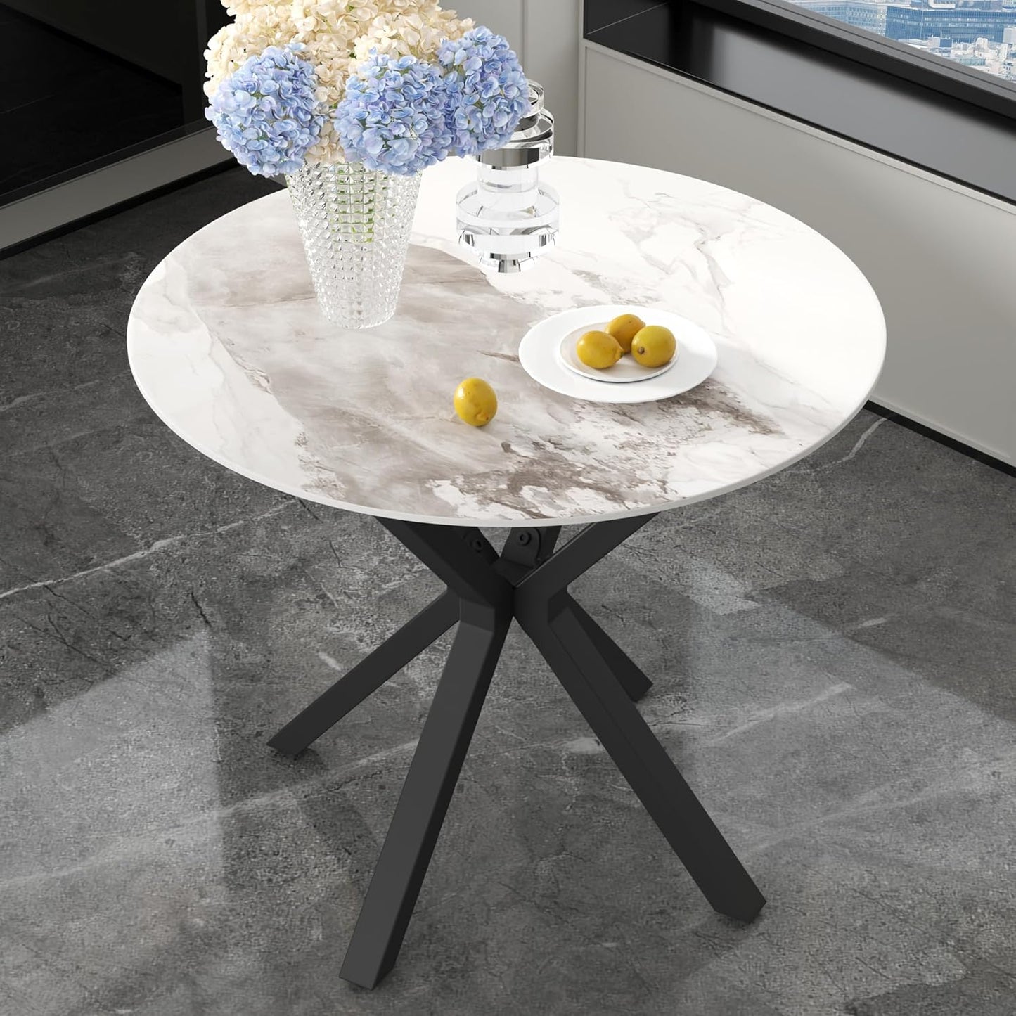 Marble Round Dining Table with Black Metal Legs, 32 in Modern Sintered Stone White Kitchen Table Circle Table for Dining Room Kitchen