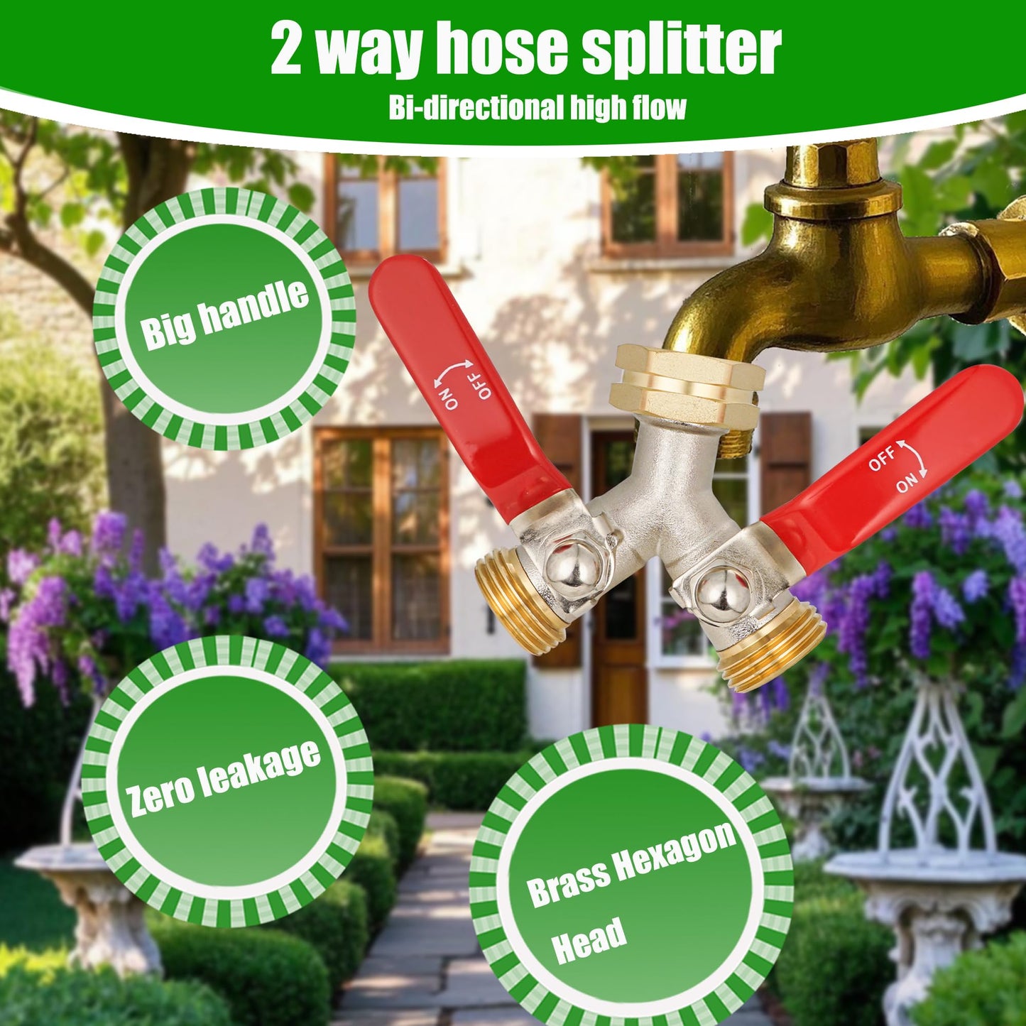EJW Hose Splitter 2 Way, Garden Hose Splitters, Heavy Duty Faucet Splitter,Rv Brass Water Hose Y Splitter, Double Hose Connector, Spigot Splitter, Two Way Hose Manifold Valve 3/4 Inch GHT Thread.