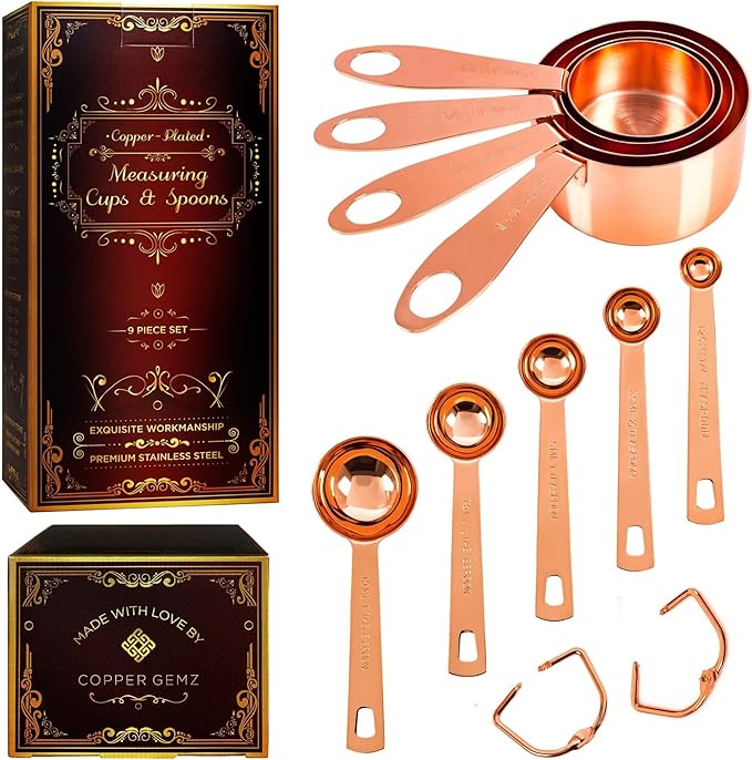 Copper Measuring Cups and Spoons Set of 9 - Premium Gift Packaging + Cooking Conversions Chart. Extra Sturdy Stainless Steel with Copper Finish, Satin and Mirror Polish. Gift Under 25 Dollars.