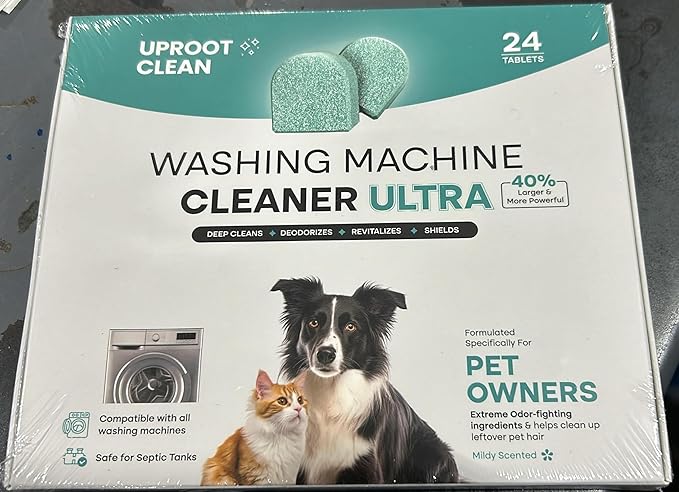 Uproot Clean Washing Machine Cleaner Tablets Ultra - 40% Stronger Formula: Designed for Pet Owners, Remove Residue, Grime & Odors, Compatible with HE, Top & Front Load, 24 Pack - 12 Month Supply