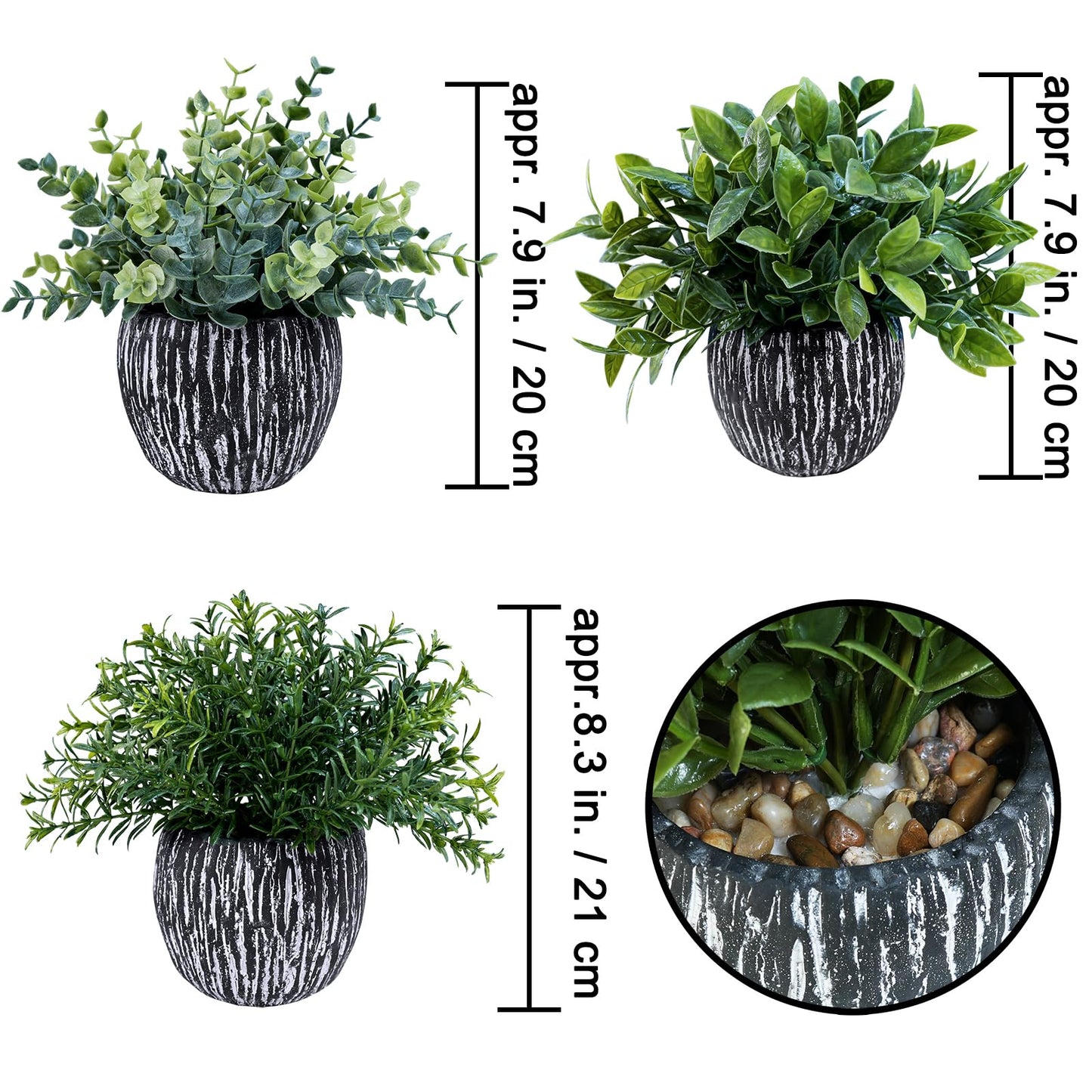 Winlyn Set of 3 Artificial Potted Plants Faux Eucalyptus Rosemary Boxwood Greenery in Black & White Concrete Pots Small Fake Plant for Indoor Outdoor Home Office Table Shelf Windowsill Greens Décor