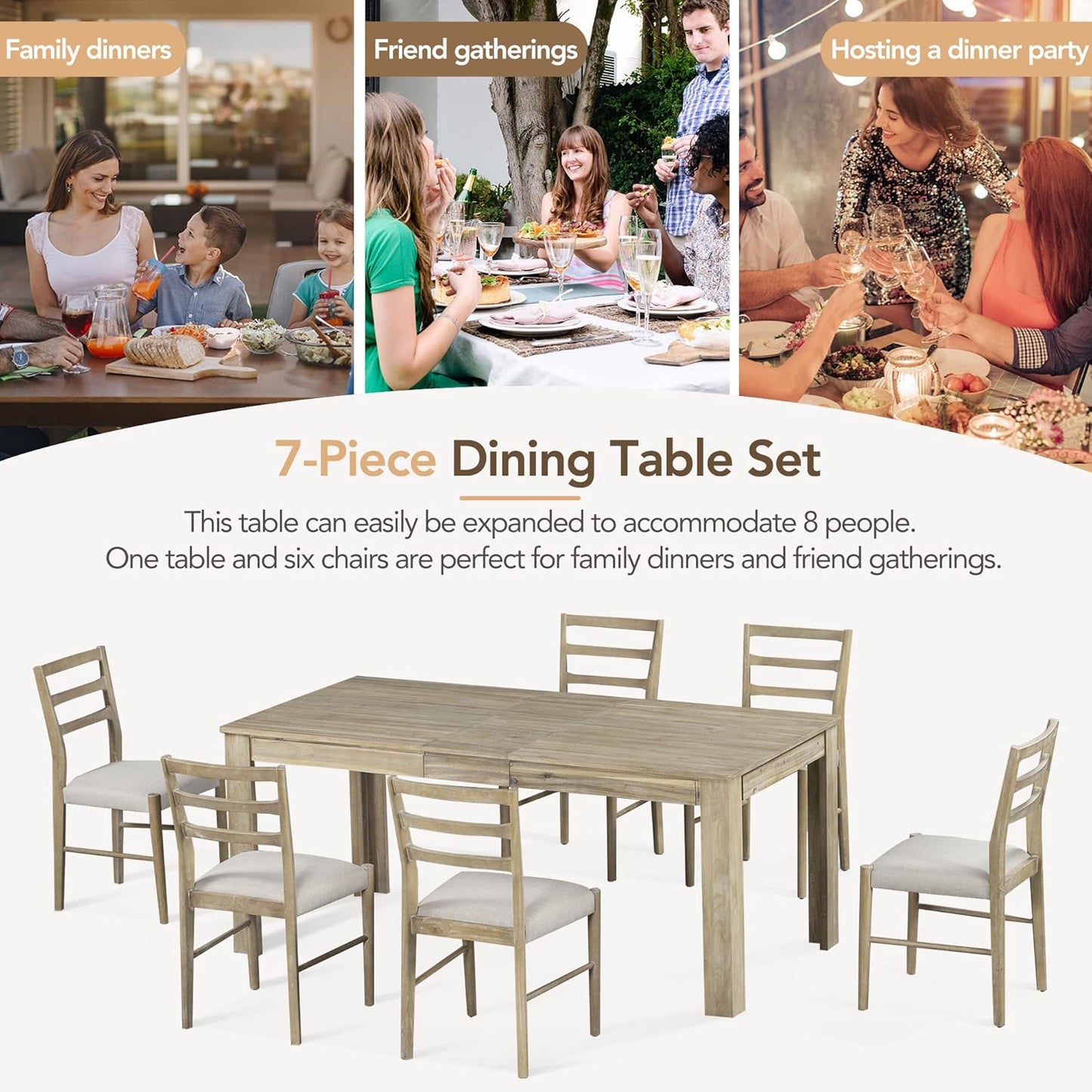 Ball & Cast 7 Piece Dining Table Set with 6 Upholstered Chairs,Living Room Desk W/ 71.5" Rectangle Extendable Leaf and 2 Drawers,for Restaurant,Home Bistro,Natural Wood Wash