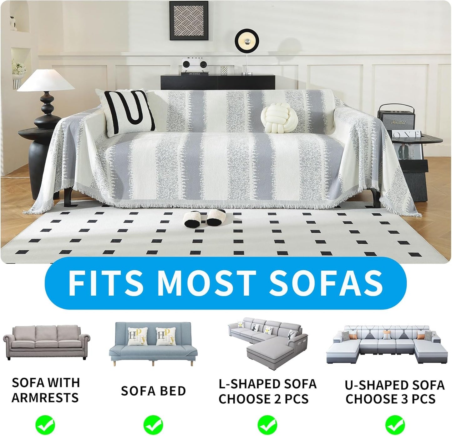 LUFEIJIASHI Boho Couch Covers for Sofa Non Slip Sofa Covers Washable Couch Covers for 3 Cushion Couch Sofa Pet Friendly Sectional Couch Cover Blanket Furniture Protector for Dogs (Grey, 91"x150")