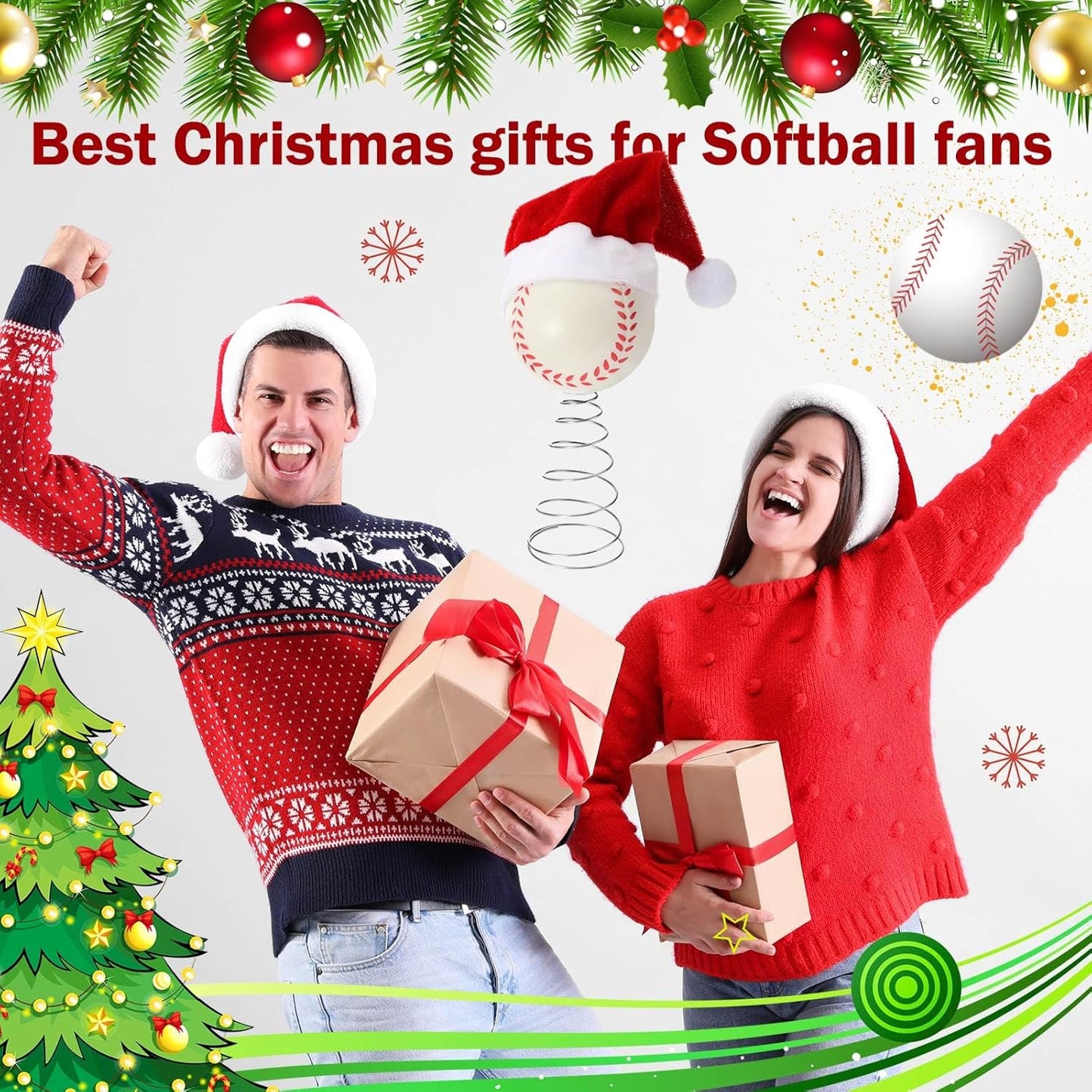 Soulchen 2.4 Inch Softball Christmas Tree Topper Ornament - Mini Tree Top Decor, Home Xmas Party & Tabletop Display - Gift for Men, Senior Fans, Players & Teams