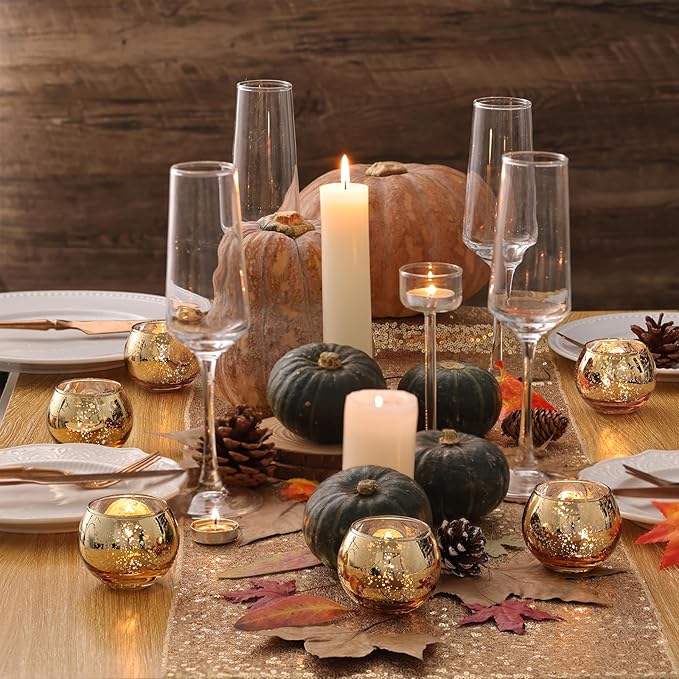 Volens Round Gold Votive Candle Holders, Mercury Glass Candle Holder Set of 12, Christmas Decorations for Table