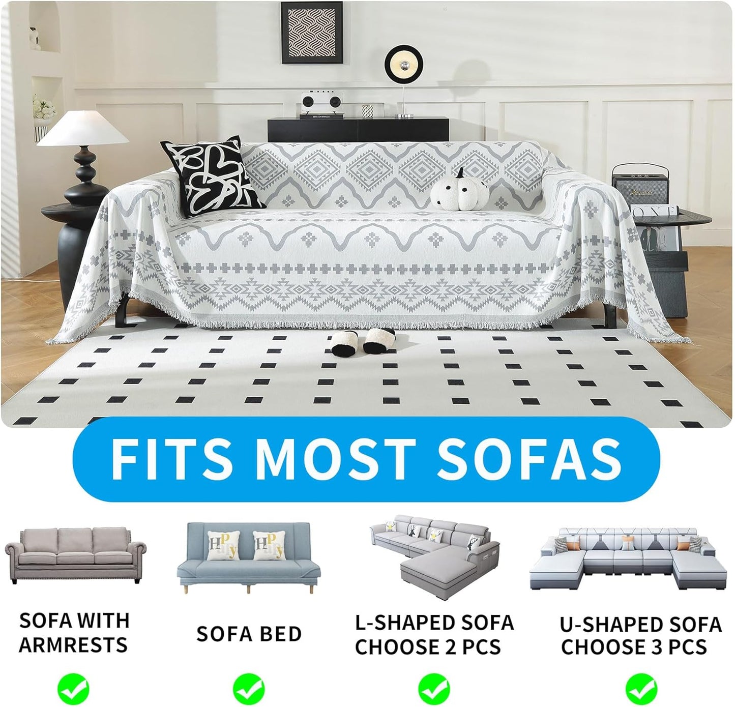 LUFEIJIASHI Boho Couch Covers for Sofa Non Slip Sofa Covers Washable Couch Covers for 3 Cushion Couch Sofa Pet Friendly Sectional Couch Cover Blanket Furniture Protector for Dogs (Grey, 71"x150")