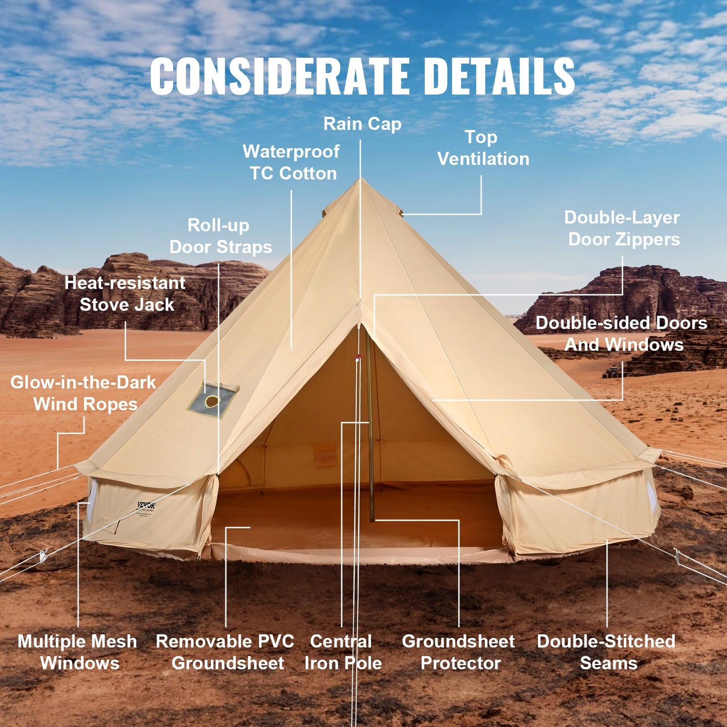 VEVOR Canvas Bell Tent, 4 Seasons 6 m/19.68 ft, Canvas for Camping with Stove Jack, Breathable Holds up to 10 People, Family Camping Outdoor Hunting Party