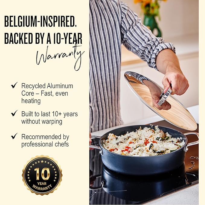 Alva Maestro 3.5-Qt Nonstick Ceramic Sauté Pan with Lid – Black | No PTFE, PFOA or PFAS | Induction & Oven Safe | Even-Heating, Easy-Clean Everyday Pan for Searing & One-Pan Meals