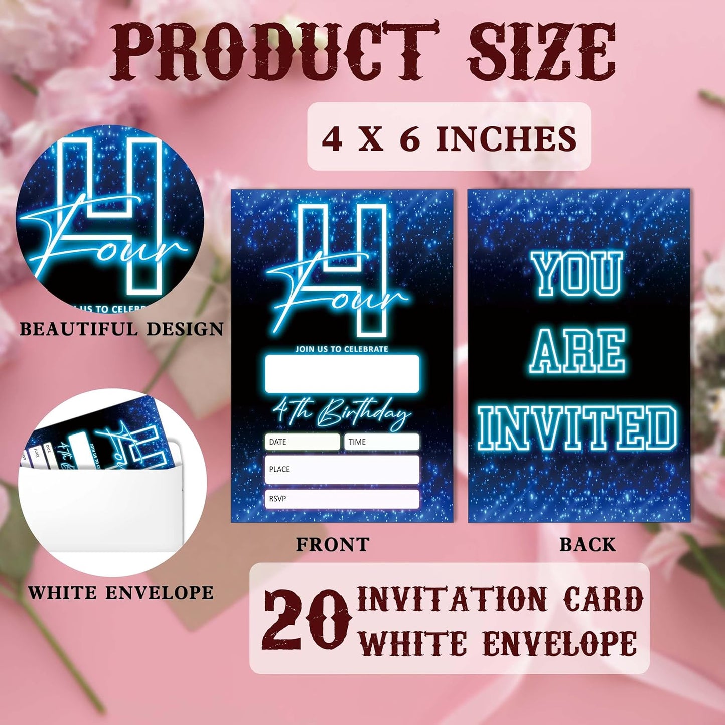 SIXEIGHT Blue 4th Birthday Invitations for Boys, Neon Glow Party Invitations for Girls Kids, 20 Pack Double Sided Invite Cards with Envelopes, 4th Glow Neon Birthday Party Decorations, 4x6 Inch-C04