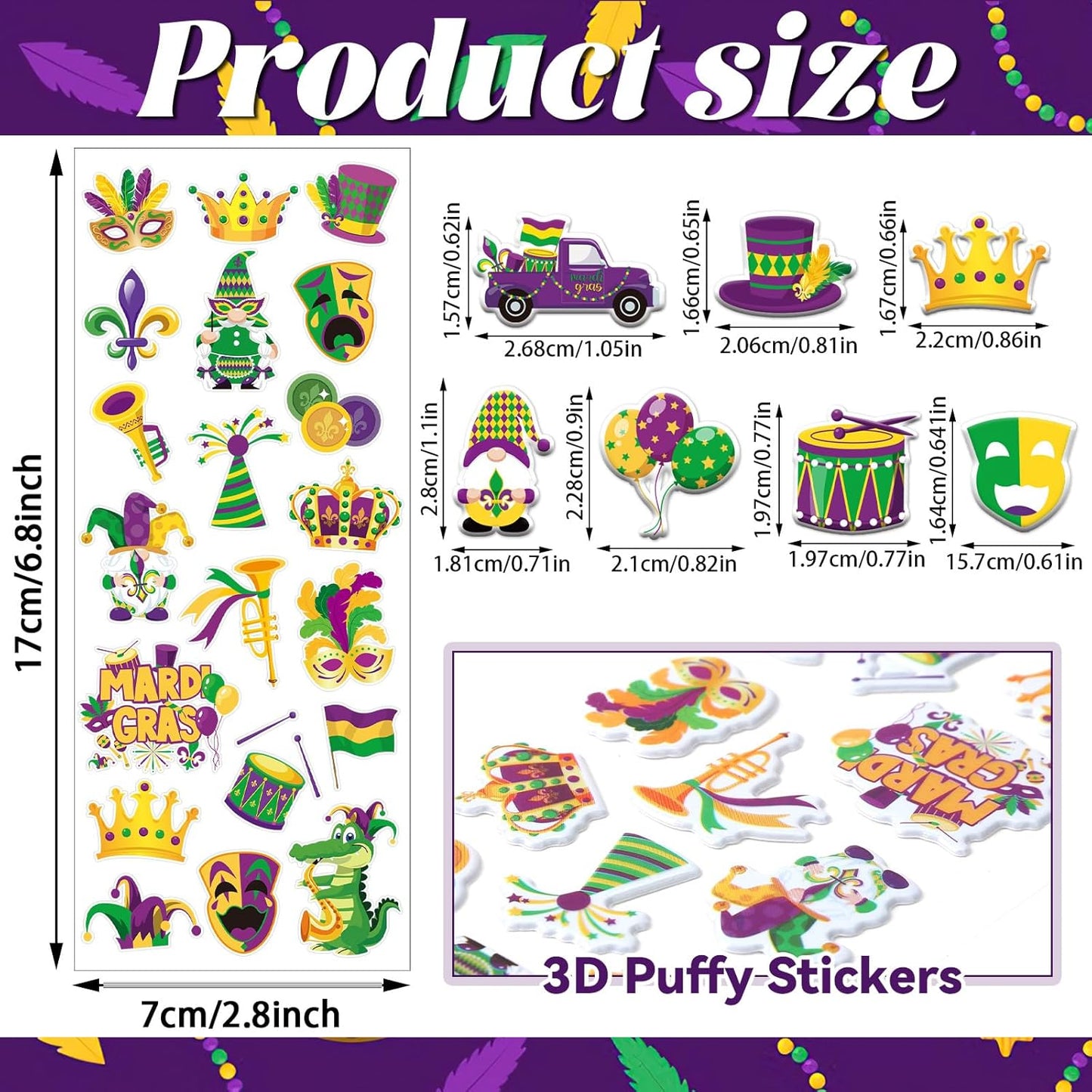 UPINS 240 Pcs Mardi Gras Stickers, 3D Puffy Self-Adhesive Carnival Stickers, Multicolored, Not Water Resistant, Kid