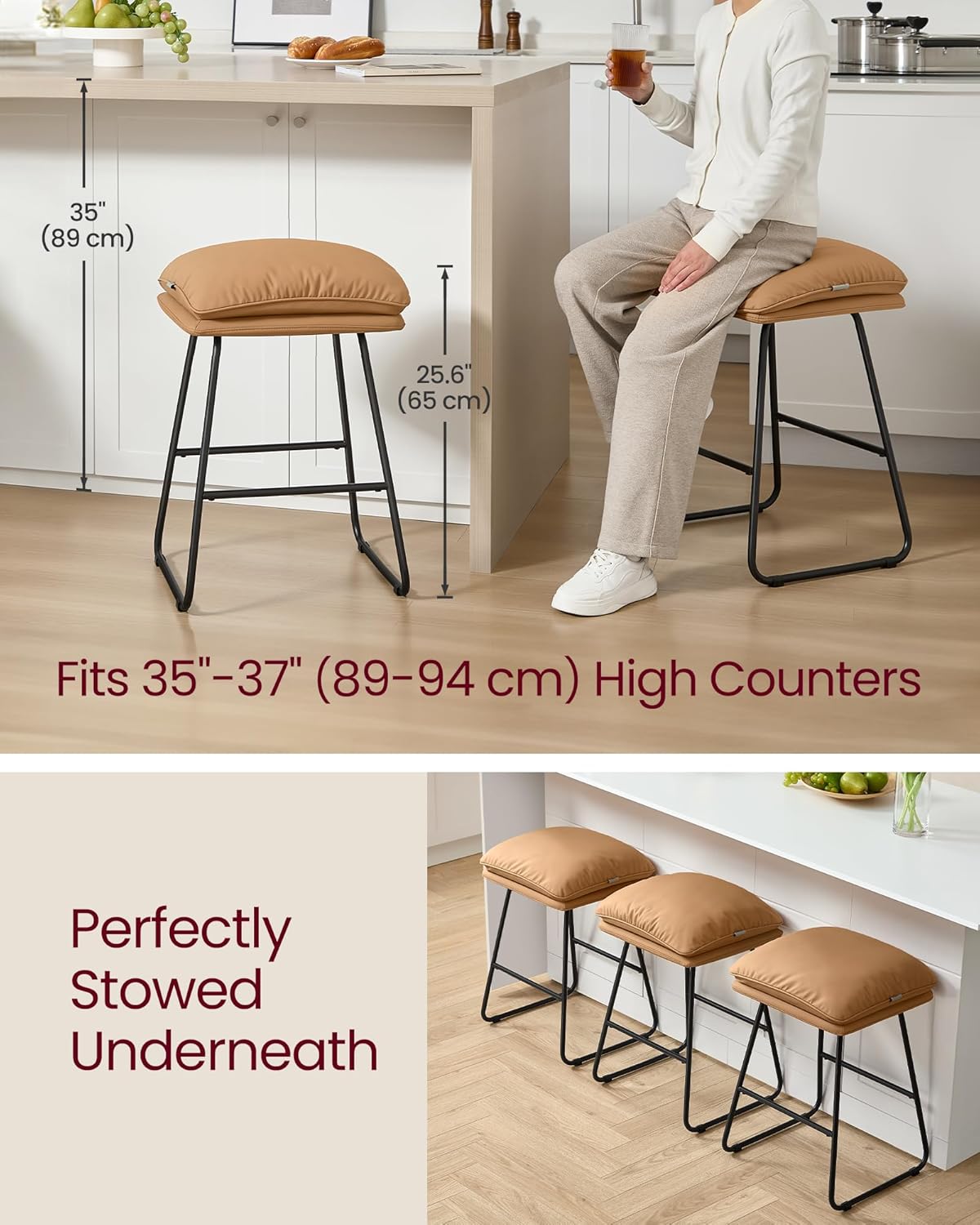 VASAGLE Bar Stools Set of 4, Counter Height Bar Stools, Leather Counter Stools Barstools with Soft Cushion and Metal Sled Legs, 25.6 Inches Bar Height Bar Chairs for Kitchen Island, Caramel Brown