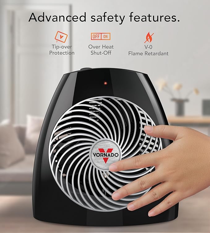 Vornado MVH (2025) Space Heater, 3 Heat Settings, Adjustable Thermostat, Tip-Over Protection, Auto Safety Shut-Off System, Indoor Use, Whole Room Heating, Black