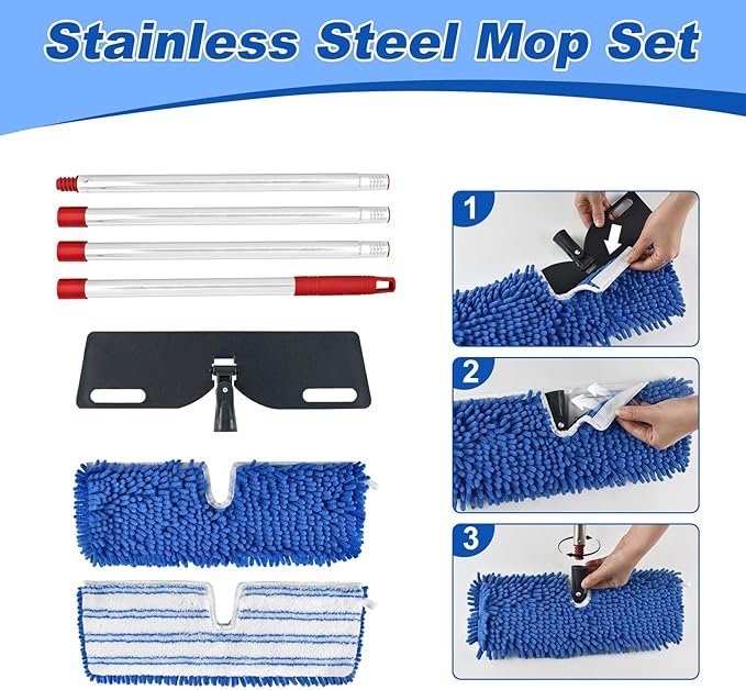 Microfiber Mops for Floor Cleaning,Flat Mop Set with 2 mop Pads,Flat Flip Mop Base and 58" Stainless Steels Handle for OCedar Dual-Action Microfiber Flip Mops,Dust Mop for Hardwood Floors Wet/Dry Use