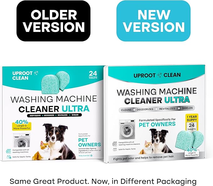 Uproot Clean Washing Machine Cleaner Tablets Ultra - 40% Stronger Formula: Designed for Pet Owners, Remove Residue, Grime & Odors, Compatible with HE, Top & Front Load, 24 Pack - 12 Month Supply