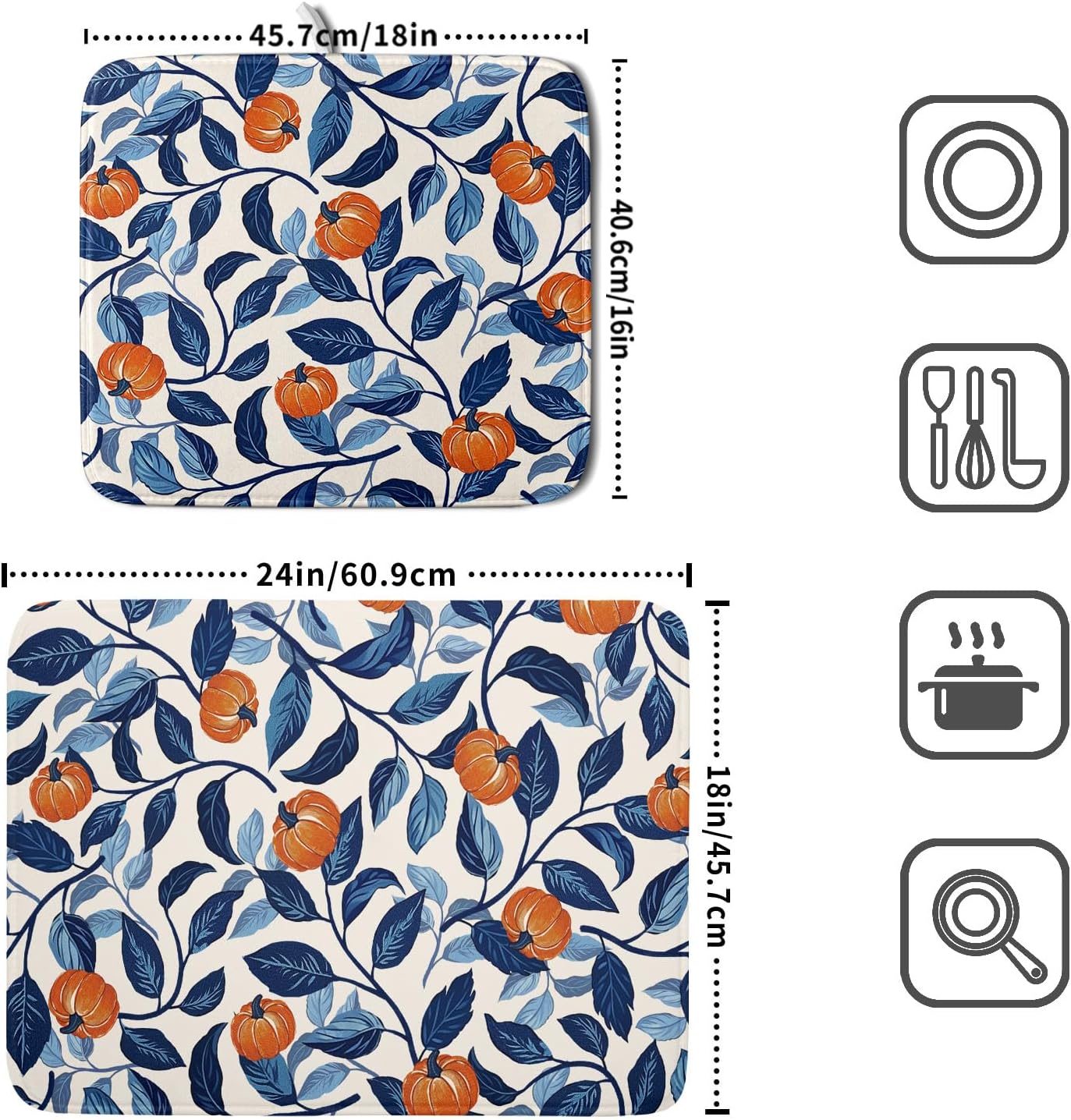 Autumn Pumpkin Dish Drying Mat for Kitchen Counter 18x24 Inch Blue and Orange Fall Thanksgiving Leaf Absorbent Reversible Microfiber Dish Drainer Rack Mats Countertops Protector Mat