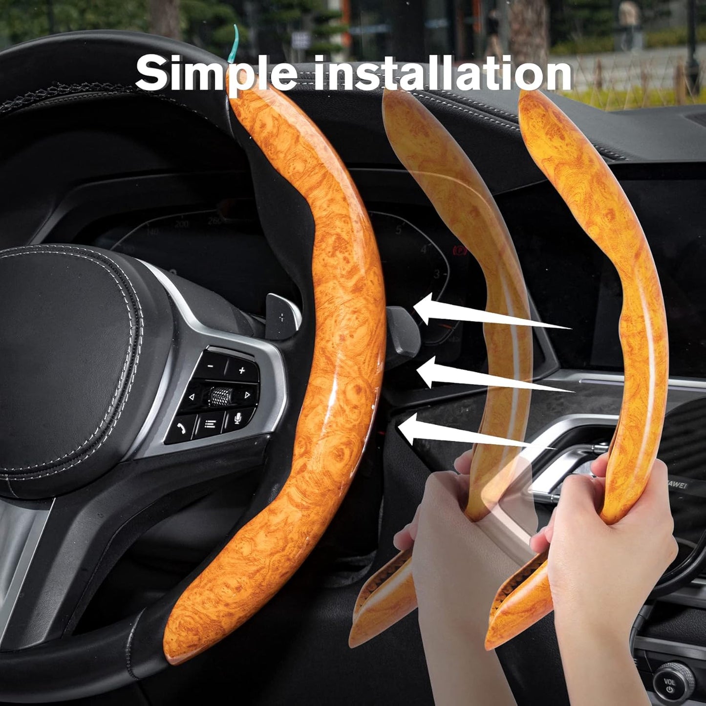 Amiss Car Wood Grain Steering Wheel Cover, Car Interior Accessories, 2PCS Segmented & Butterfly Design, Universal 99% Vehicle Wheel Cover Protector (Yellow)