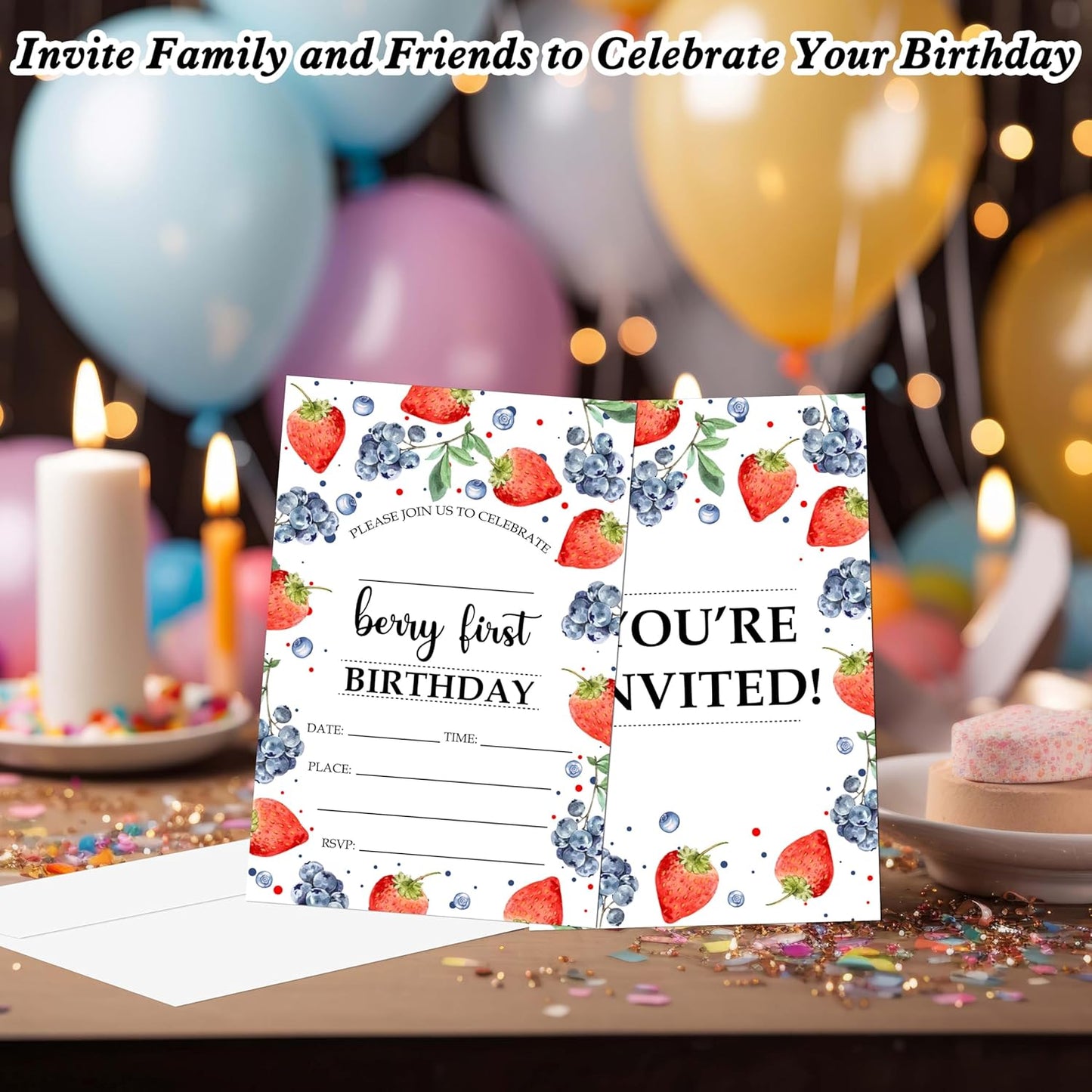 Berry First Birthday Invitations, 20 Invitation Cards with Envelopes, Strawberry Blueberry Invites for Party Decorations Favor Supplies - A05