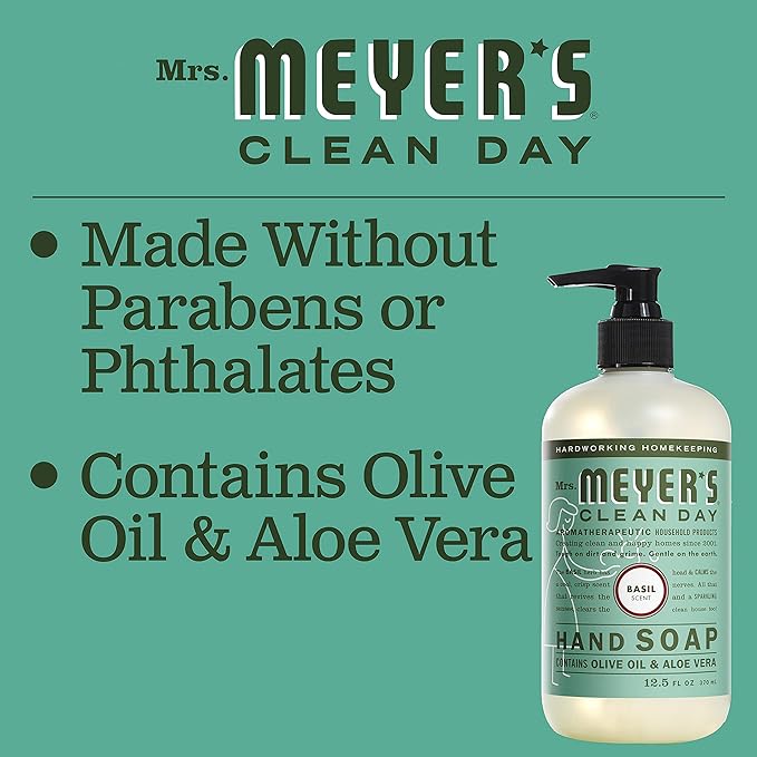 MRS. MEYER'S CLEAN DAY Liquid Hand Soap, Cruelty Free Hand Wash Made with Essential Oils, Basil Scent, 12.5 oz - Pack of 6