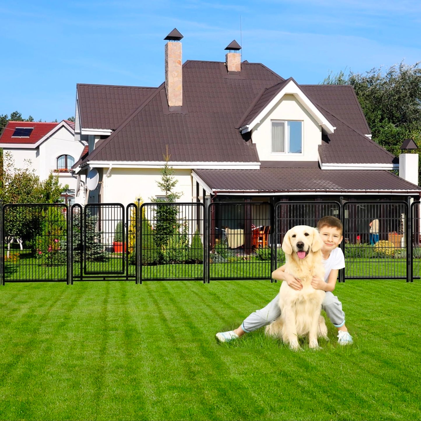 Explovehike Garden Fencing 36 Inch High, 10 Panels Total 22.1Ft(L) Wide Door Low Threshold Dog Fence, Heavy Duty Garden Fence with Gate, Dog Fence Outdoor for Yard, Fencing for Flower Beds, Black