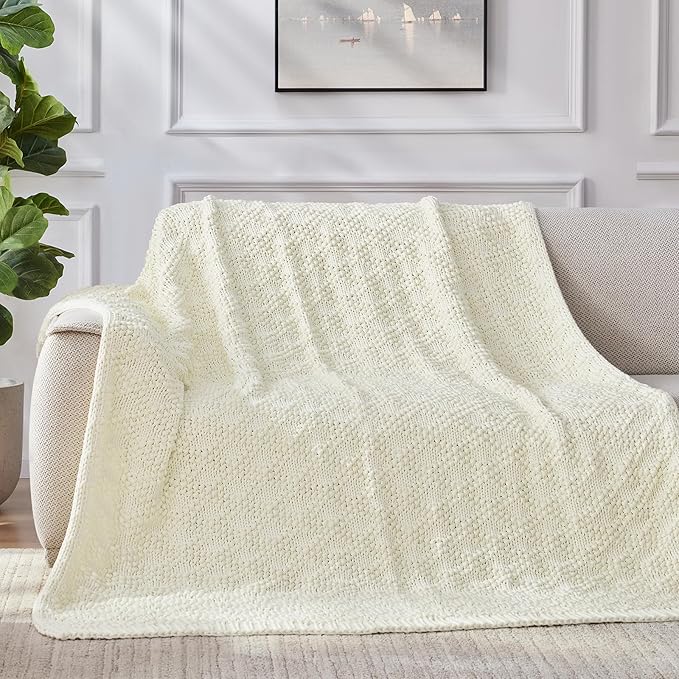 Knitted Weighted Blanket for Adult, Chunky Knit Weighted Throw for Sleep 60"*80" 17lbs, Cooling Breathable Machine Washable Heavy Blanket for Room Decor (Ivory White, Queen)