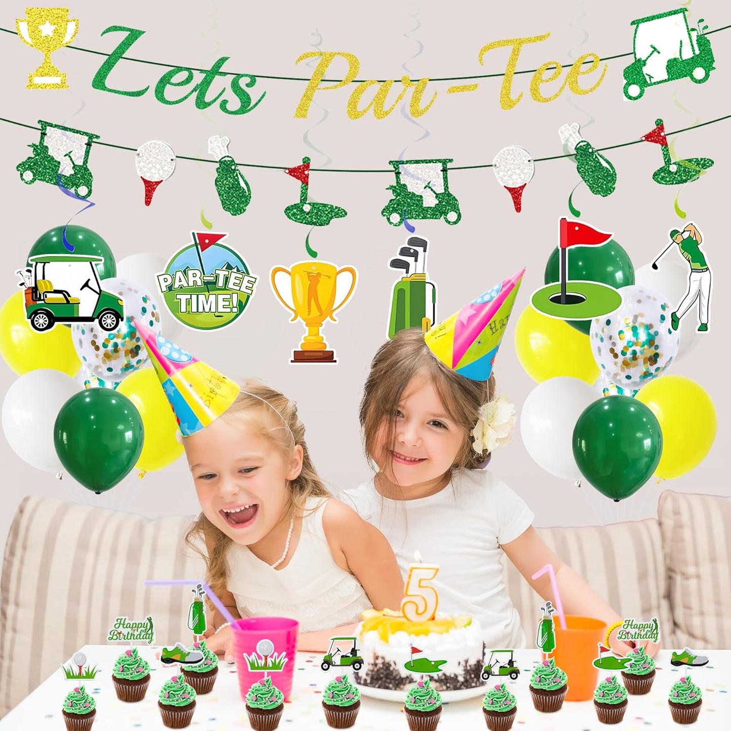 Golf Birthday Decorations Party Supplies - 36 Pcs Lets Par-Tee Banner Balloons Hanging Swirls Cupcake Toppers For Golf Theme Party Decor