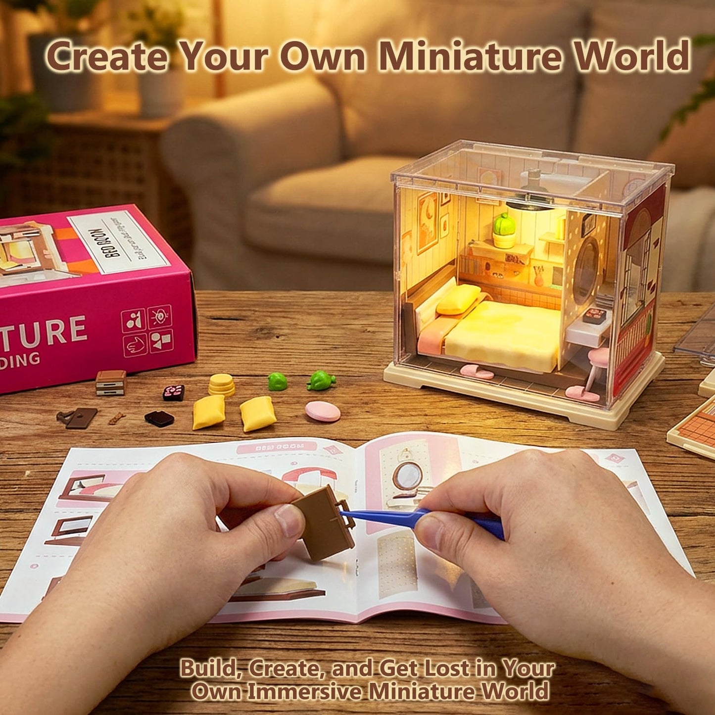 BUSOHA DIY Miniature Cozy Home House Kit - Tiny House with LED Light & Dust Cover Tiny Home with Furniture for Adults Dollhouse Model Building Set, Mini Room Craft Gift for Women & Teens