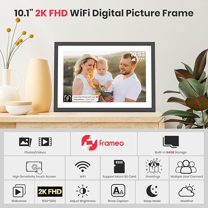 2K 64GB Frameo 10.1" Digital Picture Frame WiFi Electronic Photo Frame FHD 1920 x 1200 IPS Touch Screen Share Moments Remotely Anywhere Photo Gifts for Mother Dad Grandparents Christmas